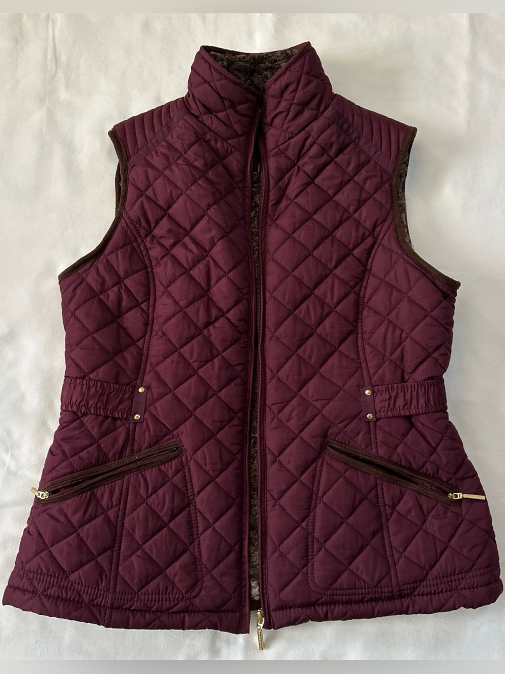 Weatherproof Women’s Burgundy Quilted Puffer Vest with Brown Faux Fur